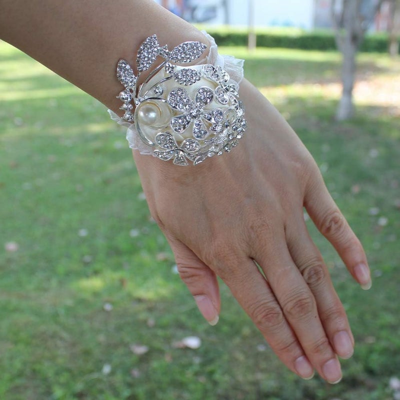 DOTKV Artificial Wrist Silk Flower Boutonniere Wrist Bouquet Corsage Flower with Peal and Diamond for Wedding Decor,Cocktail Party 1pcs (SilverIvory_Wrist) - Image 5